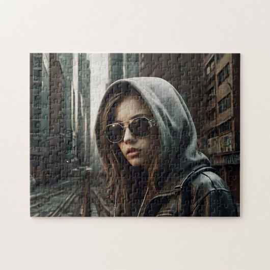 Cyberpunk Meisje Hoodie Dystopian Legpuzzel (Horizontaal)