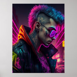 Cyberpunk meisje in neonstad poster