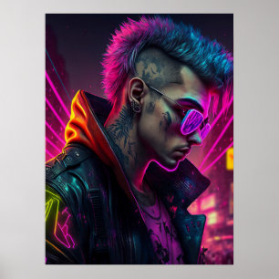 Cyberpunk meisje in neonstad poster