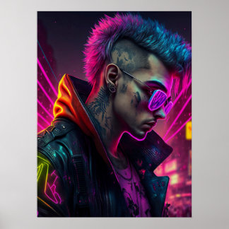 Cyberpunk meisje in neonstad poster