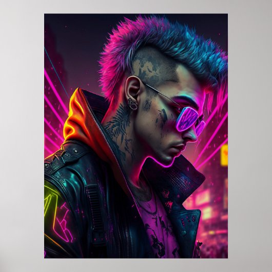Cyberpunk meisje in neonstad poster (Voorkant)