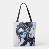 Cyberpunk Meisje met Hoofdtelefoon Canvas tas (Achterkant)