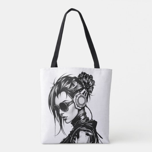 Cyberpunk Meisje met Hoofdtelefoon Canvas tas (Achterkant)