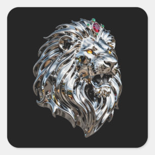 Cyberpunk Metallic Chrome Leeuw Koning Robijnkroon Vierkante Sticker