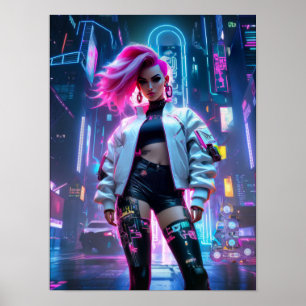 Cyberpunk mooie vrouw in toekomstige stad poster