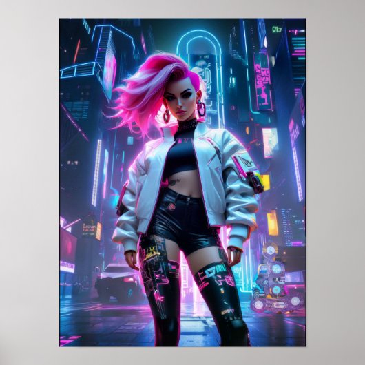 Cyberpunk mooie vrouw in toekomstige stad poster (Voorkant)