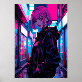 Cyberpunk Neon Anime Alley Girl Poster
