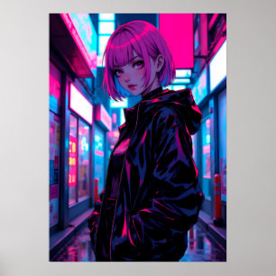 Cyberpunk Neon Anime Steeg Meisje Poster