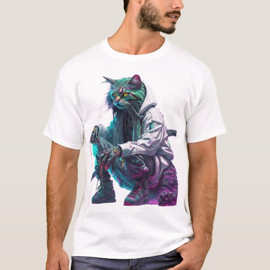 Cyberpunk Neon Cat in Urban Streetwear T-shirt (Voorkant)
