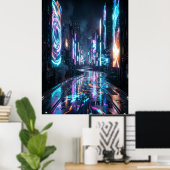 Cyberpunk Neon City Future Road Poster (Thuiskantoor)
