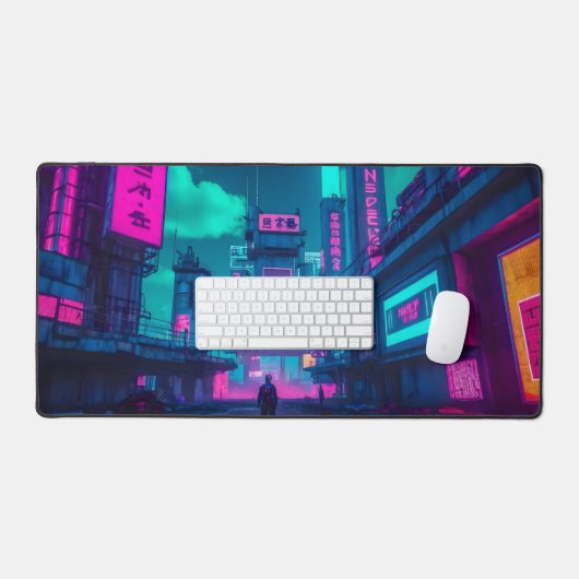 Cyberpunk Neon City Gamer Desk Setup Bureaumat (Keyboard & Muis)