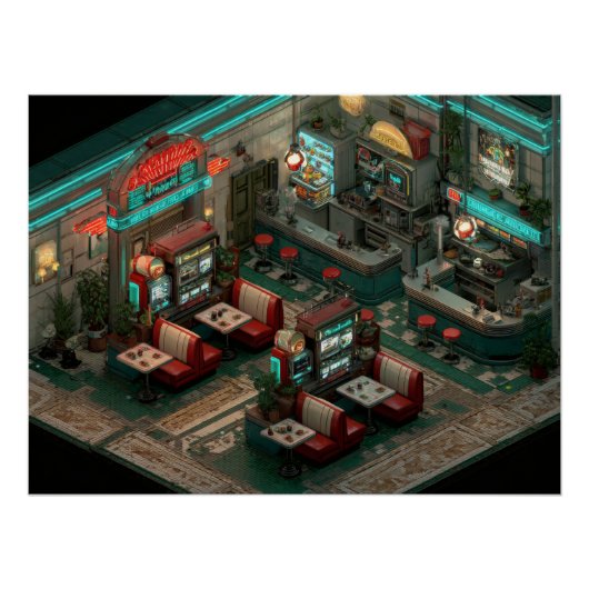 Cyberpunk Neon Diner Isometrische Kunst Perfect Poster (Voorkant)