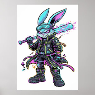 Cyberpunk Neon Konijn Krijger – Toekomstig Konijn Poster