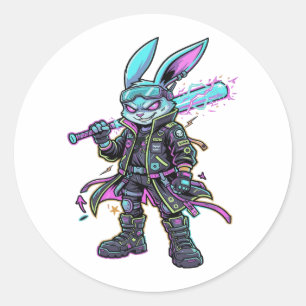 Cyberpunk Neon Konijn Krijger – Toekomstig Konijn Ronde Sticker
