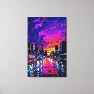 Cyberpunk Neon Stadslandschap Canvas Afdruk