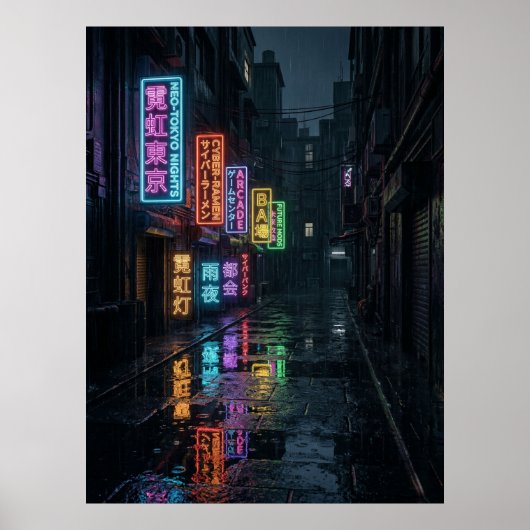 Cyberpunk Neon Steeg Regen Tokio Poster (Voorkant)