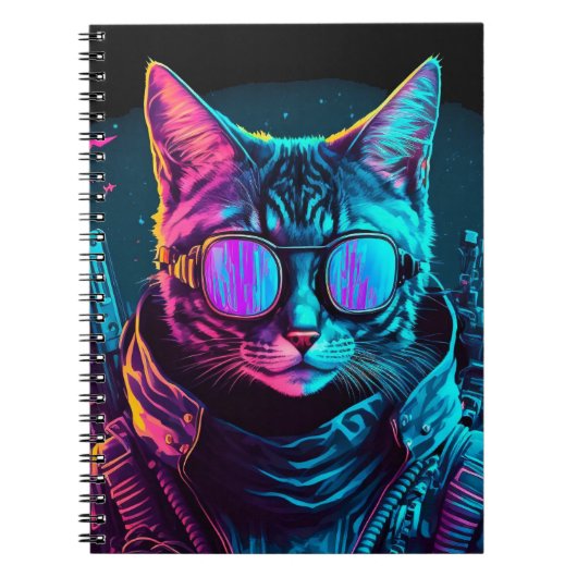 Cyberpunk neon twilight katbril zwart notitieboek (Voorkant)