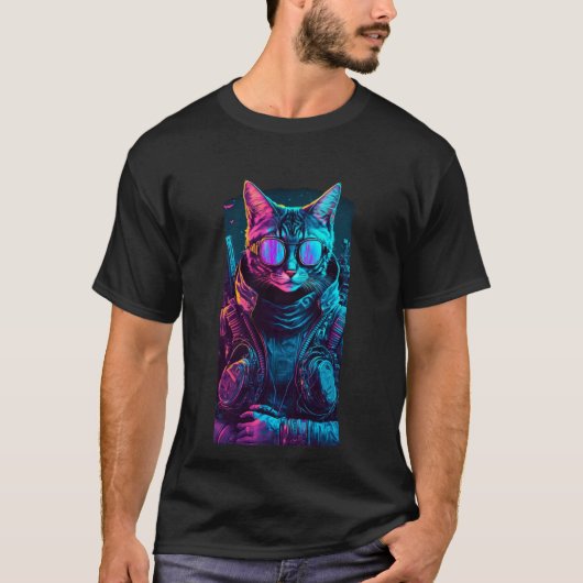 Cyberpunk neon twilight katbril zwart t-shirt (Voorkant)
