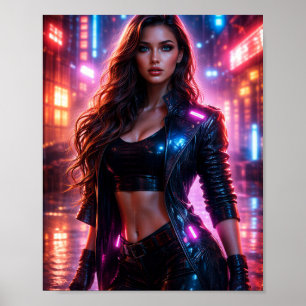 Cyberpunk Neon Vrouw Stad Poster