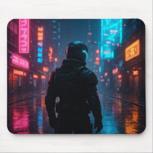 Cyberpunk Neon Warrior Mousepad – Futuristische Sc Muismat