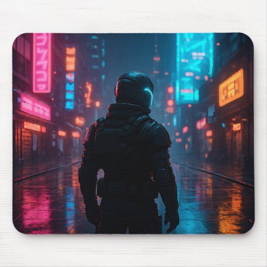 Cyberpunk Neon Warrior Mousepad – Futuristische Sc Muismat (Voorkant)