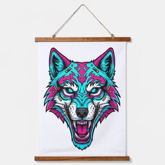 Cyberpunk Neon Wolf - Synthwave Robotdier Hangend Wandkleed (Voorkant)