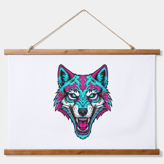 Cyberpunk Neon Wolf - Synthwave Robotdier Hangend Wandkleed (Voorkant)