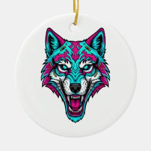 Cyberpunk Neon Wolf - Synthwave Robotdier Keramisch Ornament