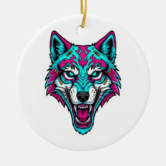 Cyberpunk Neon Wolf - Synthwave Robotdier Keramisch Ornament (Voorkant)