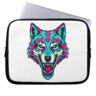 Cyberpunk Neon Wolf - Synthwave Robotdier Laptop Sleeve