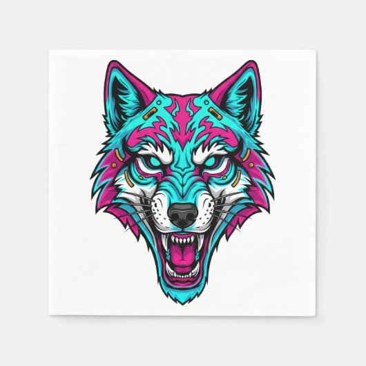 Cyberpunk Neon Wolf - Synthwave Robotdier Servet (Voorkant)