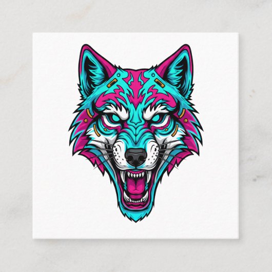 Cyberpunk Neon Wolf - Synthwave Robotdier Vierkante Visitekaartje (Voorkant)