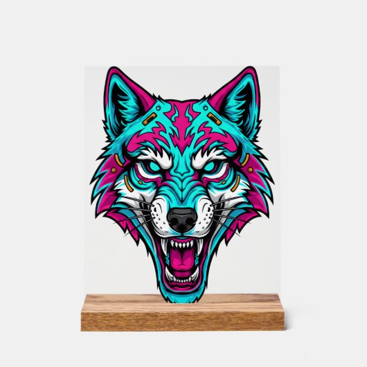 Cyberpunk Neon Wolf - Synthwave Robotic Animal Acryl Bord (Voorkant)