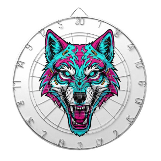 Cyberpunk Neon Wolf - Synthwave Robotic Animal Dartbord (Voorkant)