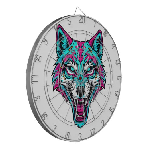 Cyberpunk Neon Wolf - Synthwave Robotic Animal Dartbord (Voorkant Links)