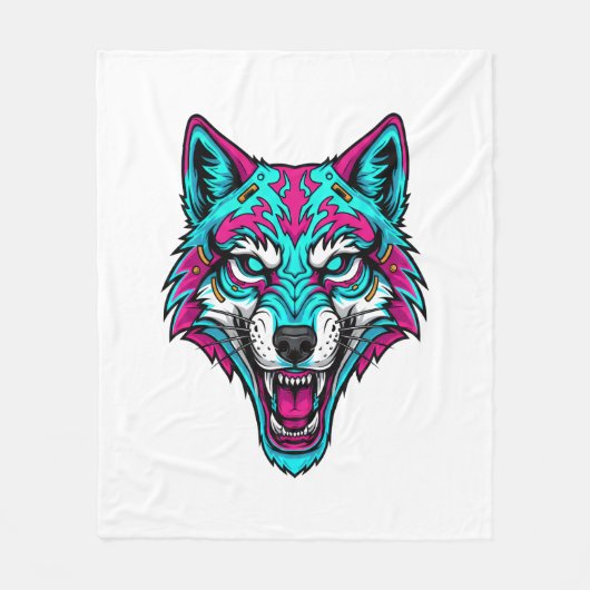 Cyberpunk Neon Wolf - Synthwave Robotic Animal Fleece Deken (Voorkant)