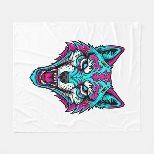 Cyberpunk Neon Wolf - Synthwave Robotic Animal Fleece Deken (Voorkant (Horizontaal))
