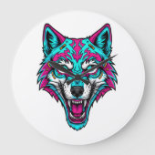 Cyberpunk Neon Wolf - Synthwave Robotic Animal Grote Klok (Voorkant)