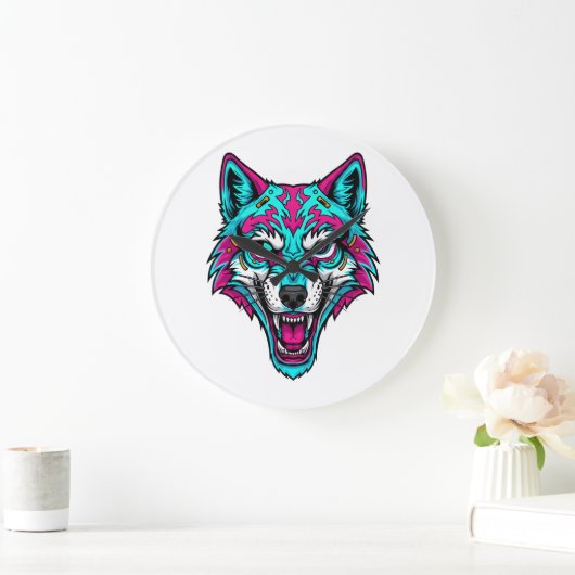 Cyberpunk Neon Wolf - Synthwave Robotic Animal Grote Klok (Huis)