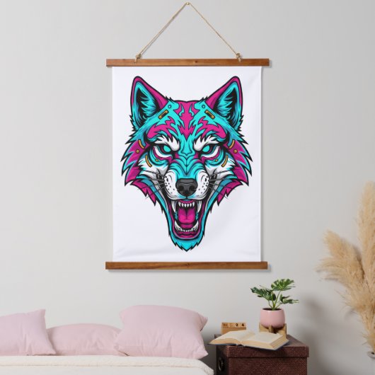 Cyberpunk Neon Wolf - Synthwave Robotic Animal Hangend Wandkleed (Slaapkamer)