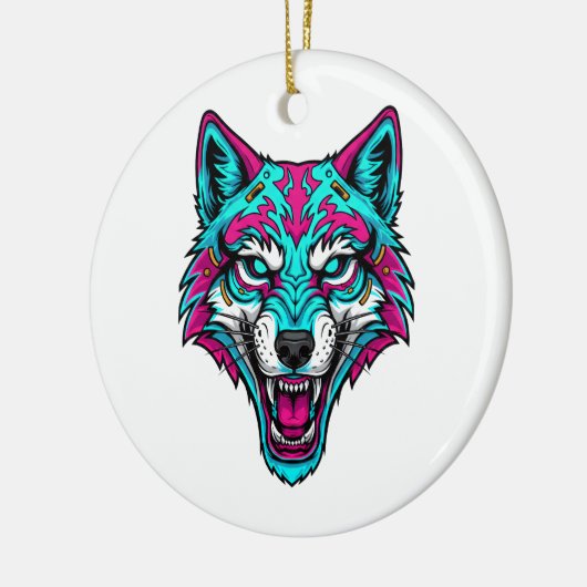 Cyberpunk Neon Wolf - Synthwave Robotic Animal Keramisch Ornament (Links)
