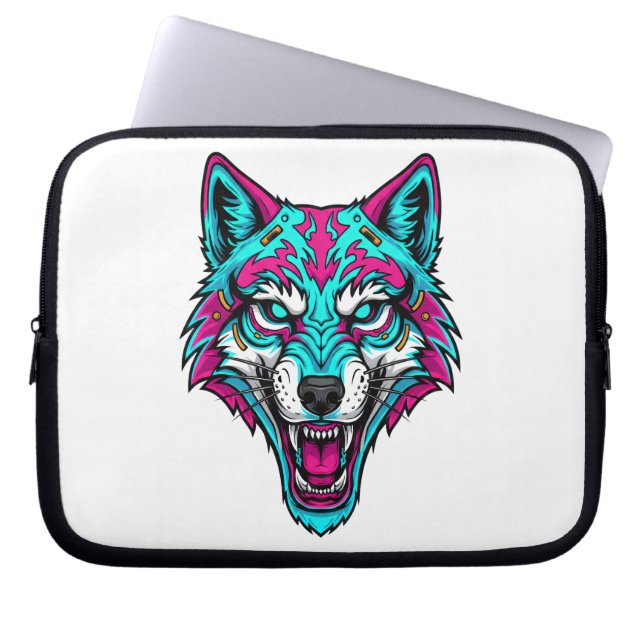 Cyberpunk Neon Wolf - Synthwave Robotic Animal Laptop Sleeve (Voorkant)