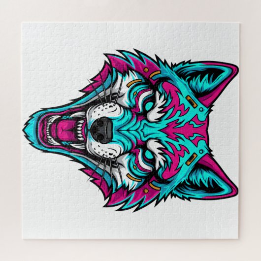 Cyberpunk Neon Wolf - Synthwave Robotic Animal Legpuzzel (Horizontaal)