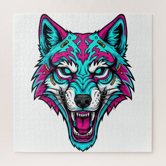 Cyberpunk Neon Wolf - Synthwave Robotic Animal Legpuzzel (Verticaal)