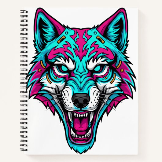 Cyberpunk Neon Wolf - Synthwave Robotic Animal Notitieboek (Voorkant)