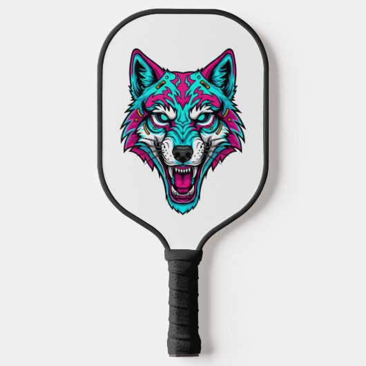 Cyberpunk Neon Wolf - Synthwave Robotic Animal Pickleball Paddle (Voorkant)