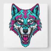 Cyberpunk Neon Wolf - Synthwave Robotic Animal Vierkante Klok (Voorkant)