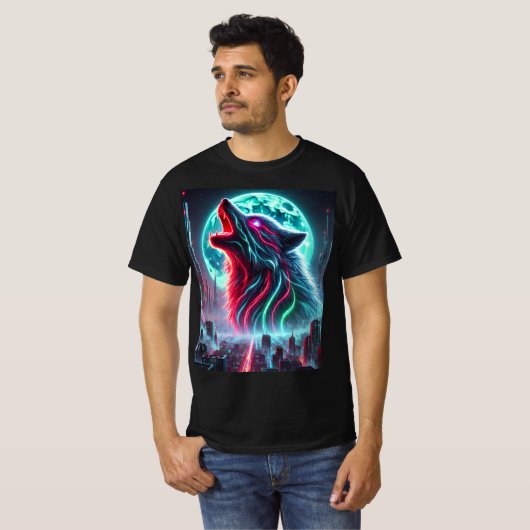 Cyberpunk Neon Wolf T-Shirt Design. (Voorkant volledig)