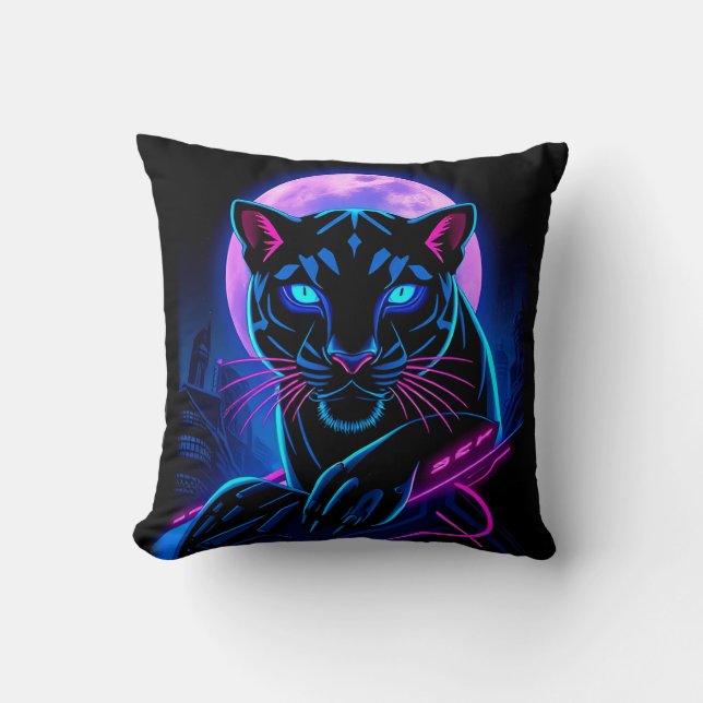 Cyberpunk Neon Zwarte Panter Kussen (Voorkant)