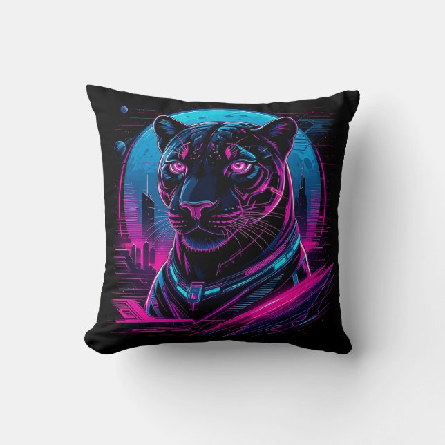 Cyberpunk Neon Zwarte Panter Kussen (Voorkant)
